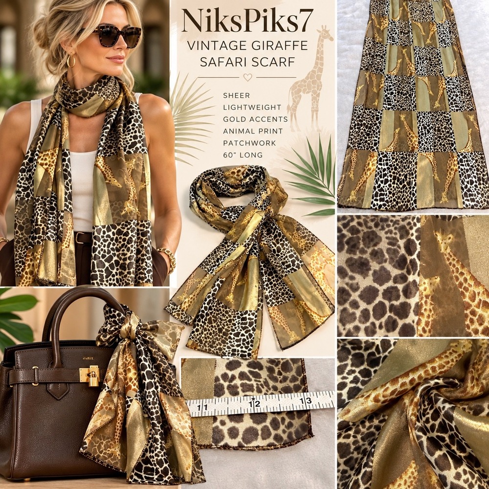 Vintage Giraffe Safari Scarf 60" Sheer Gold Brown Animal Print Patchwork